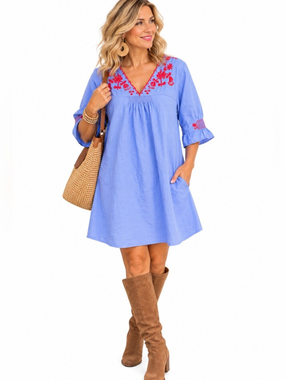 Madewell Summer Breeze Dress Large 100% Cotton Blue Red Embroidered Boho Pockets